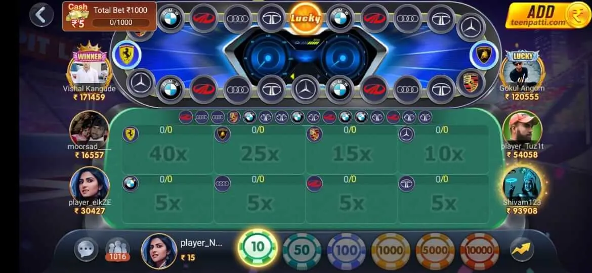 Car Roulette game screen in Teen Patti Master