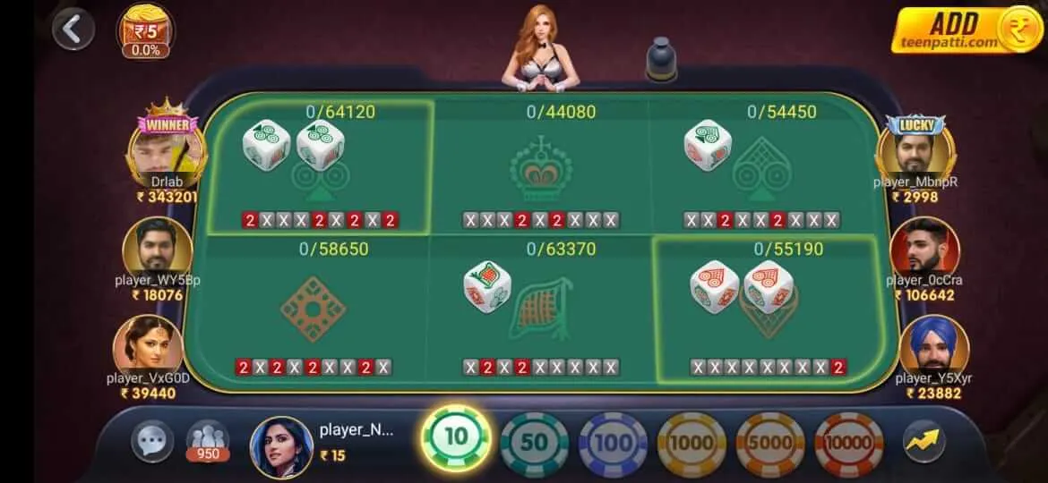 Jhandi Munda dice game screen in Teen Patti Master